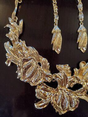 Oscar de la Renta Gold plated Tulip Pave Necklace and Earrings